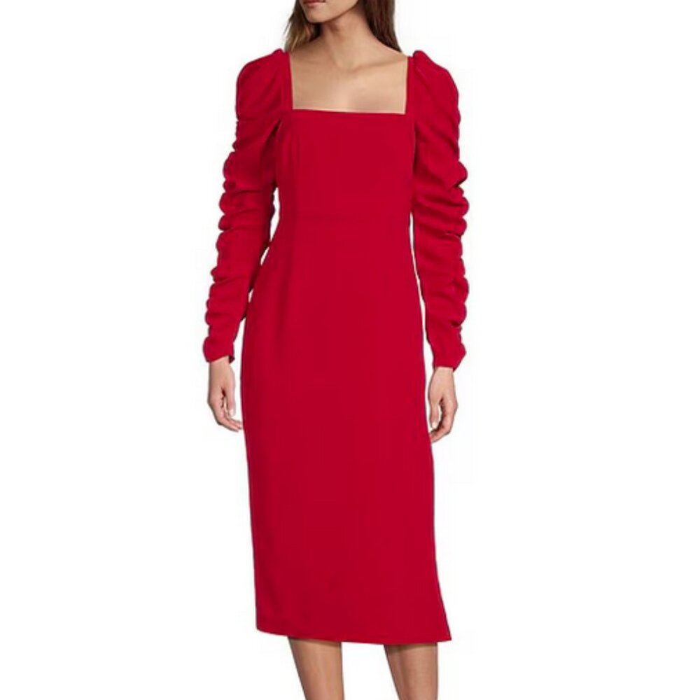 Antonio Melani Elena Crepe Square Neck Long Ruched Sleeve Midi Dress - Red NWT!